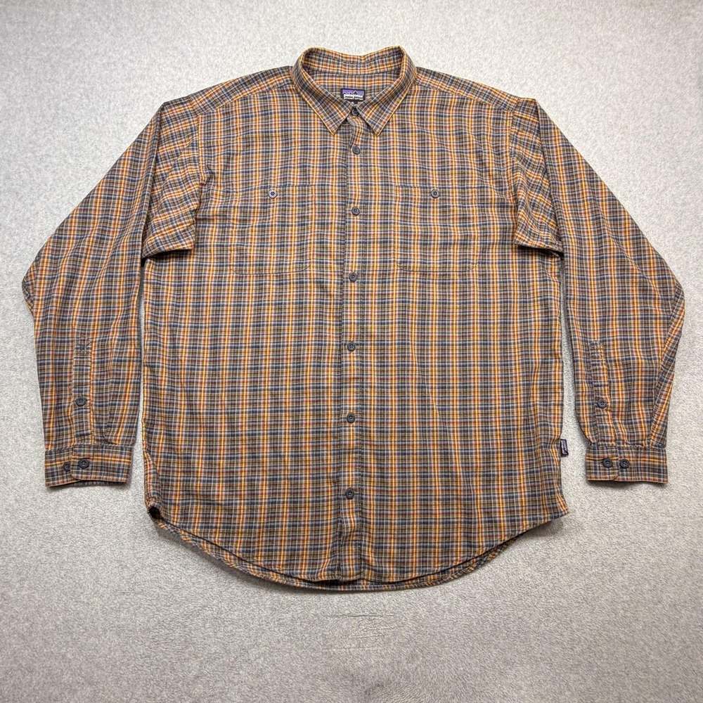 Patagonia Flannel Shirt Mens XL Blue Brown Plaid Long Sleeve Button Organic
